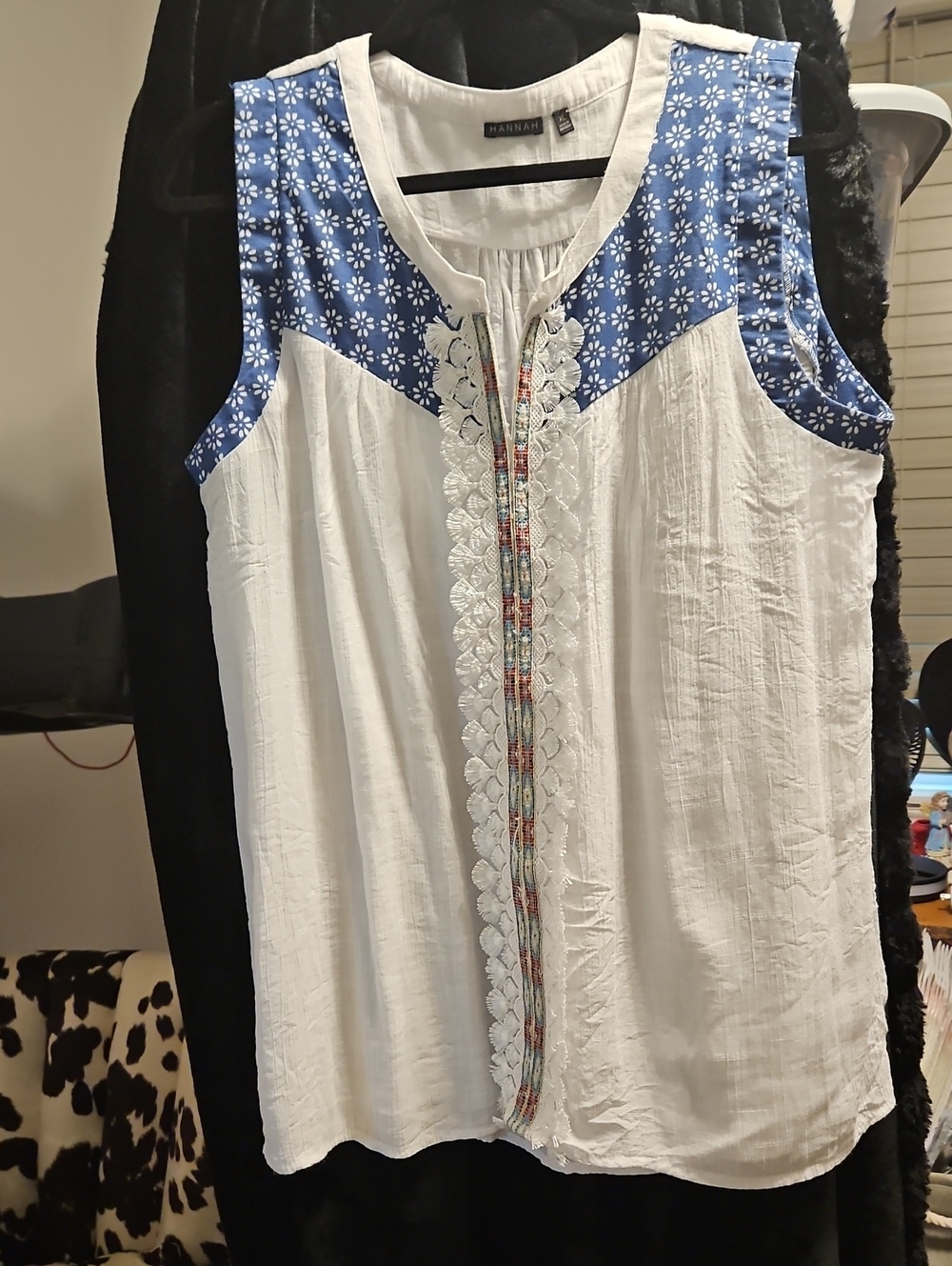 Hannah White Sleeveless Camisole with Blue Floral Yoke